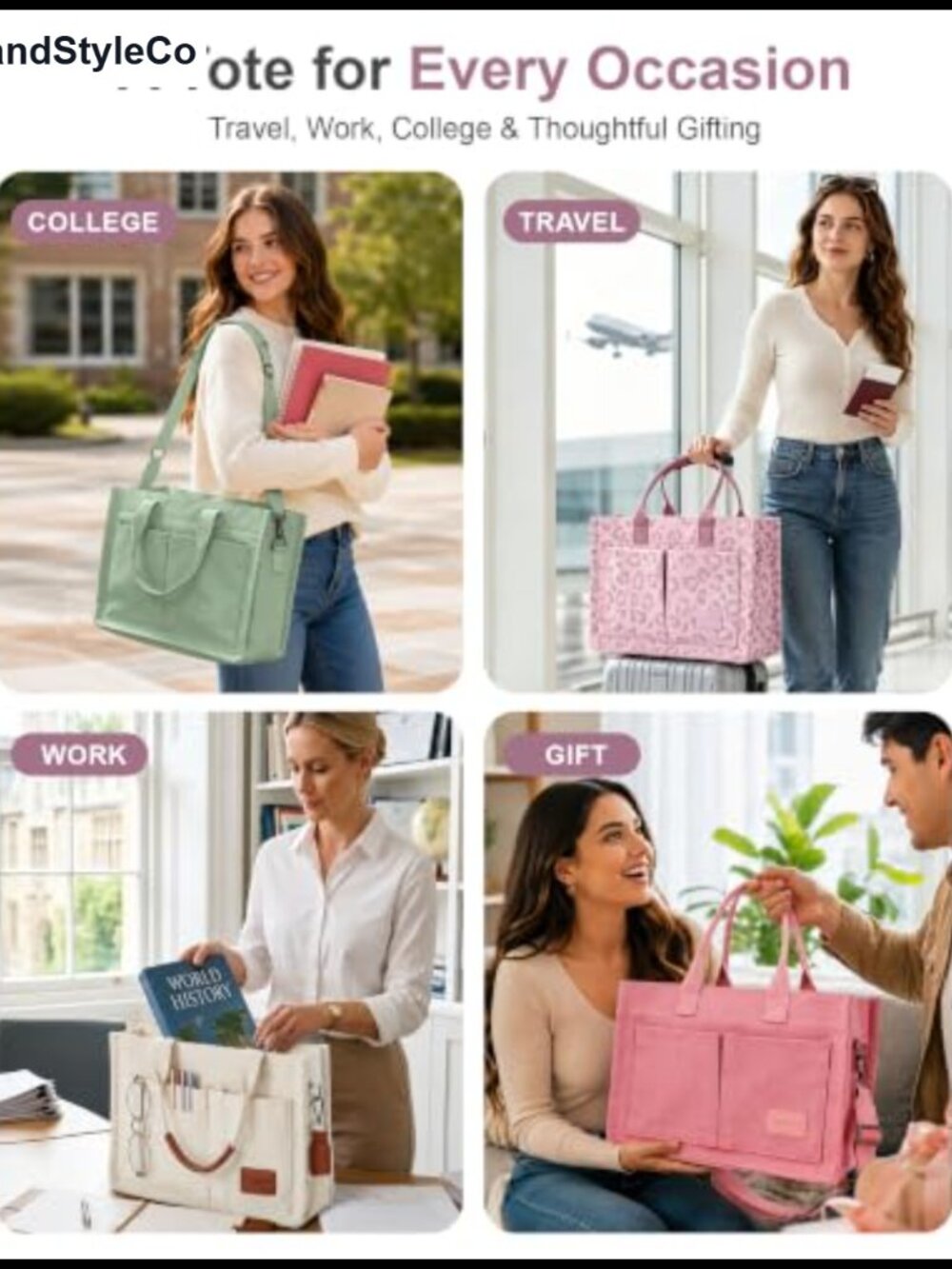 Canvas Tote Bag for Women Zip Closure Compartments Work College Travel - Picture 5 of 6